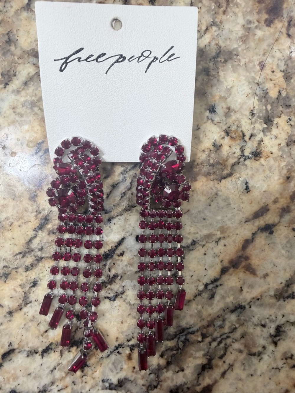 Free People Burgandy Dangle Crystal Statement Earrings